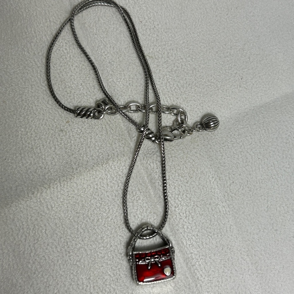 Brighton Red Purse Charm Necklace Silver Plated Enamel 16" Adjustable - Picture 4 of 10